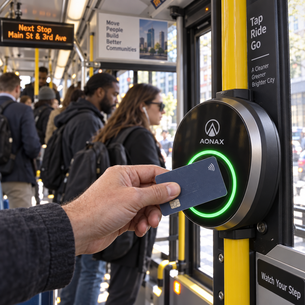 Aonax transit reader mounted on a city bus, a commuter tapping a card