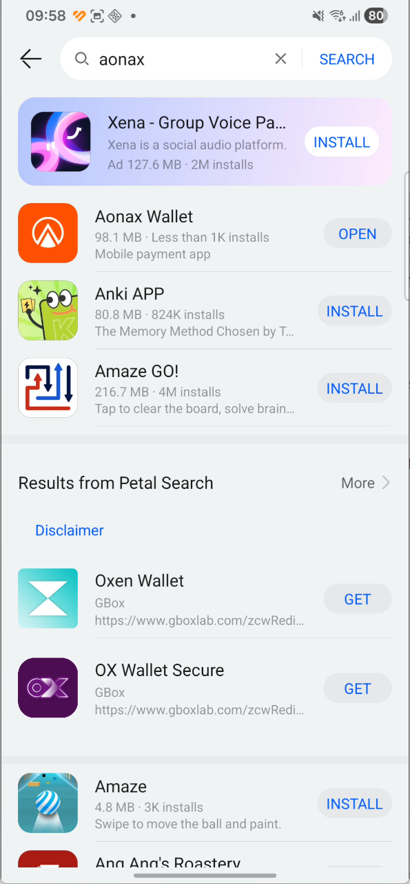 Aonax Wallet listed in Huawei AppGallery search results