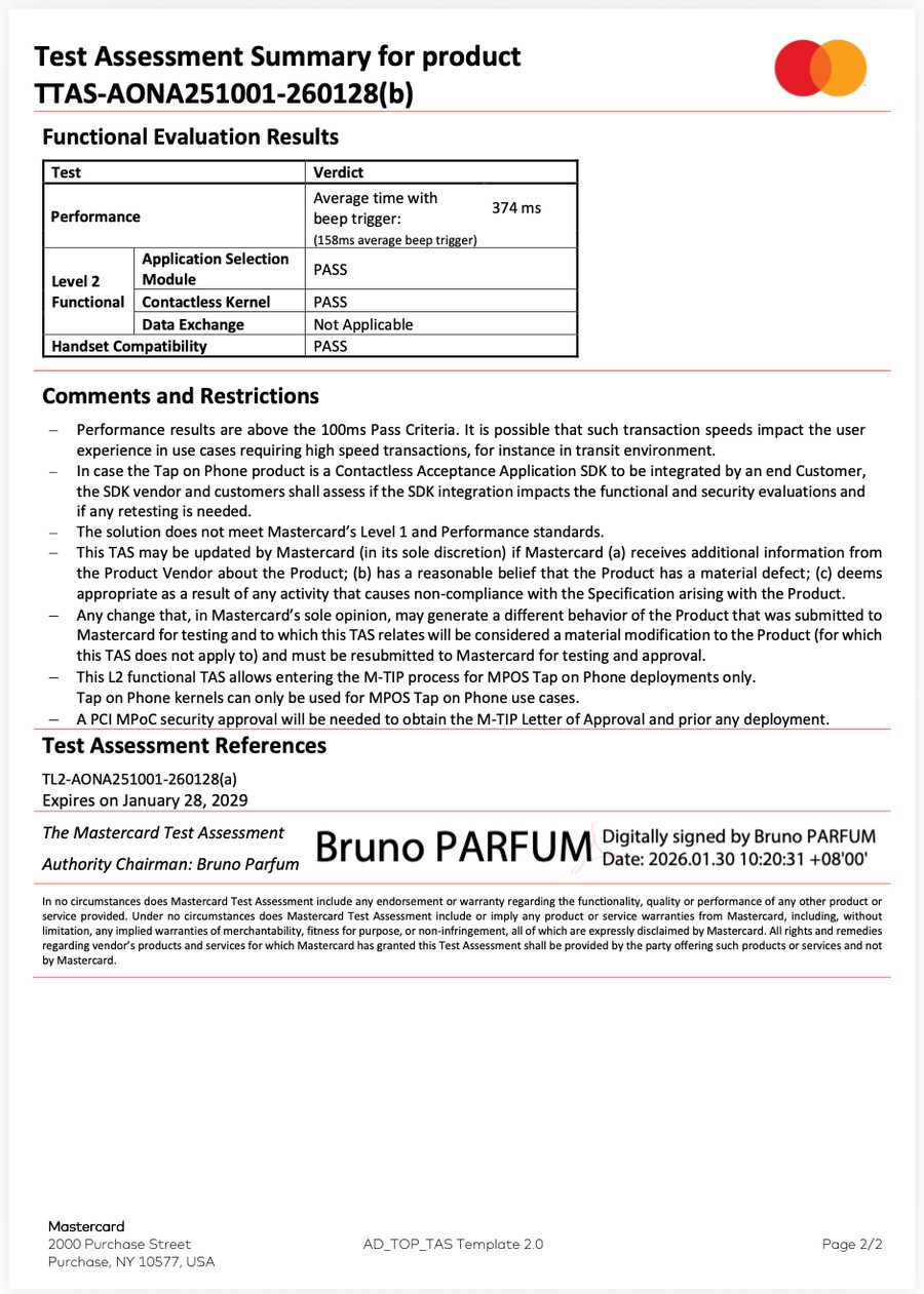 Mastercard Test Assessment Summary certificate scan
